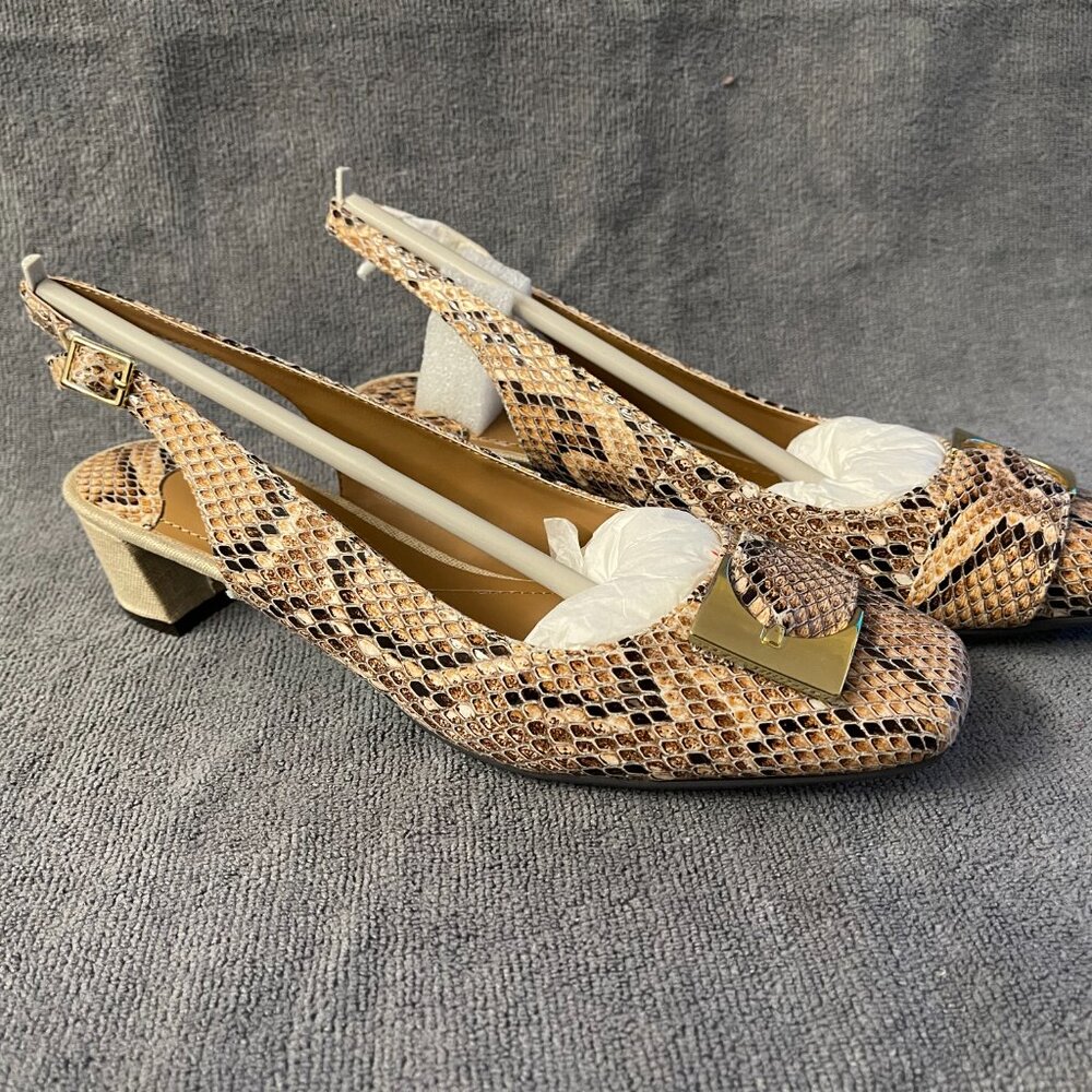 Snake-Print Slingback Block Heel Pumps - Beige/Brown